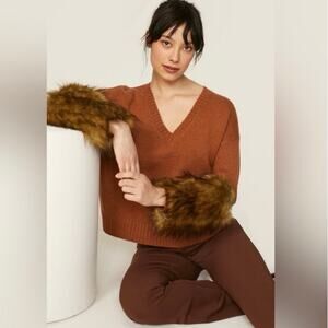 NAADAM Cashmere Sweater with Faux Fur Cuff Sleeves in Rust Brown